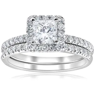 2 5/8ct Princess Cut Halo Diamond Engagement Wedding Ring Set Lab Grown 14k Gold
