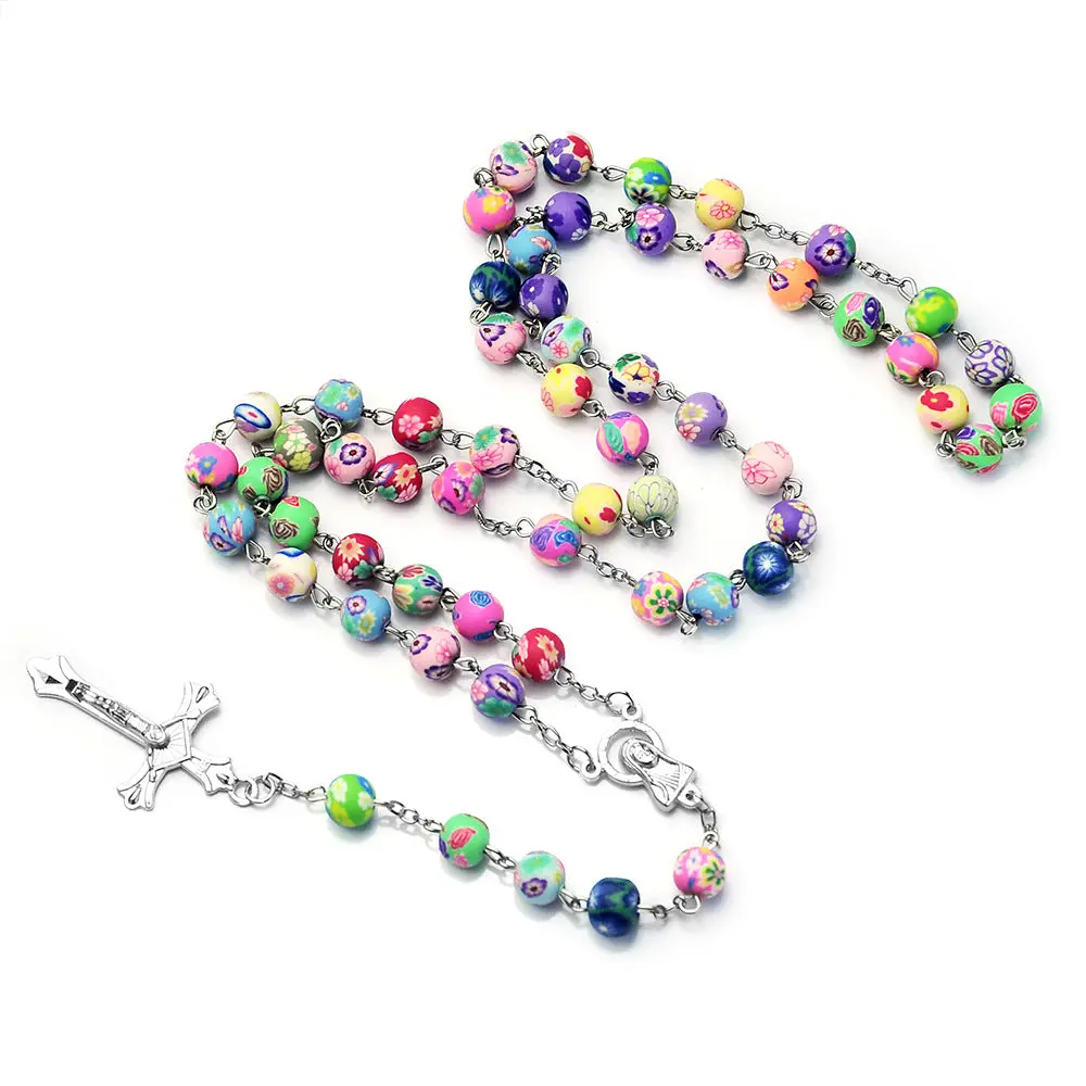 Colorful Flower Cross Necklace for Women Polymer Clay & Alloy Pendant Ball Bead Chain Trendy Fashion Jewelry