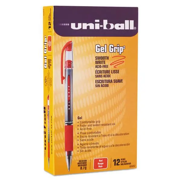 Uni-Ball Signo GRIP Stick Gel Pen (UBC65452) - 0.7 mm Medium Red Ink, Silver & Red Barrel, 1 Dozen, Gel Pens & Refills Compatible