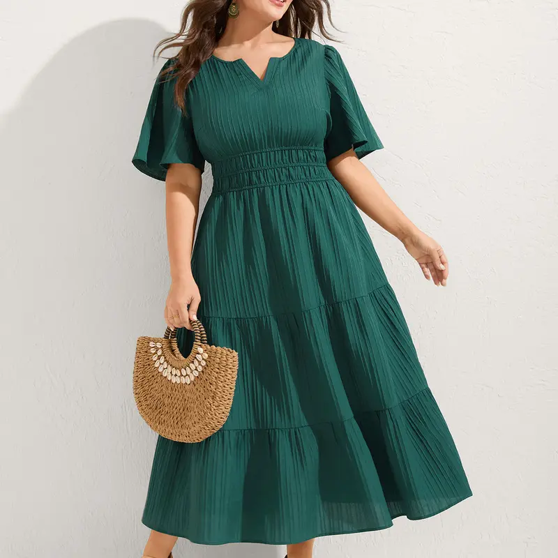 BloomChic Textured Shirred Cinched Waist Maxi Dress 【M-6XL】