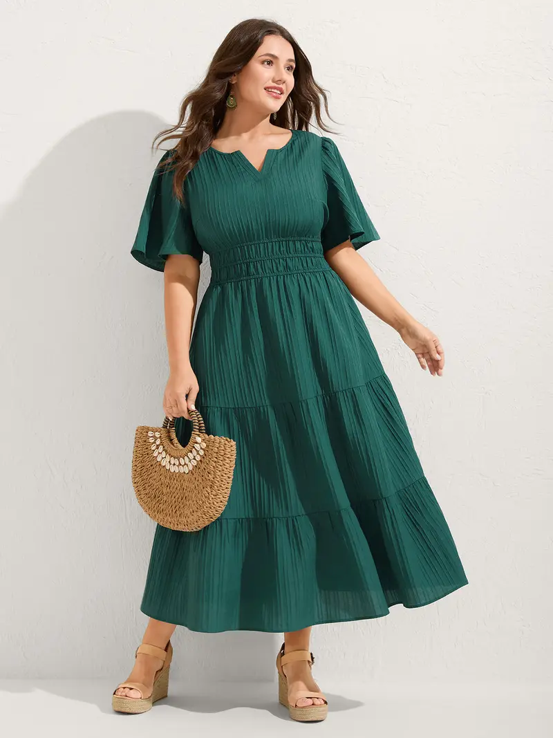 BLOOMCHIC Teal Textured Shirred Cinched Waist Midi Dress with Ruffle Short Sleeves & Notched Collar for Summer Casual Fitted Women's Wear - Pocket - Minimalist Shortsleeve