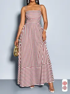 Elegant Casual Striped Dress for Women, Womenswear, Sleeveless Halter Neck, Long Flowy Waist, Spring Summer New Arrival, Perfect for Daily Wear