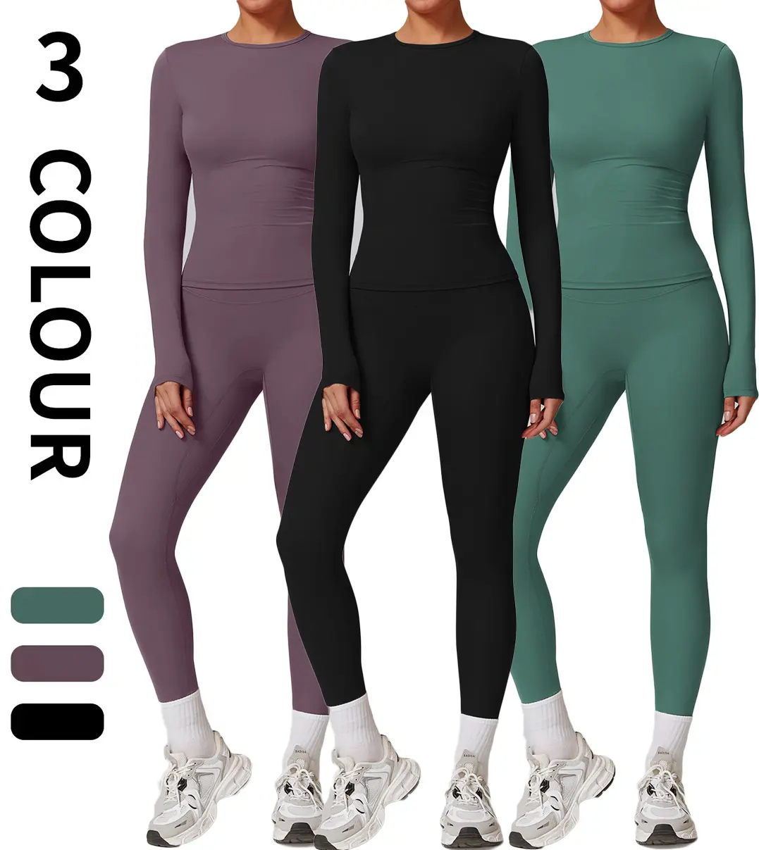 Kabuer Women's 2-Piece Athleisure Wear Yoga Set - Solid Color Long Sleeve Top, High-Waisted Compression Athletic Leggings, Women's Gym Wear Sportswear Clothing for Gym, Outdoor Fitness, Women's 2 Piece Set, 2 Piece Set