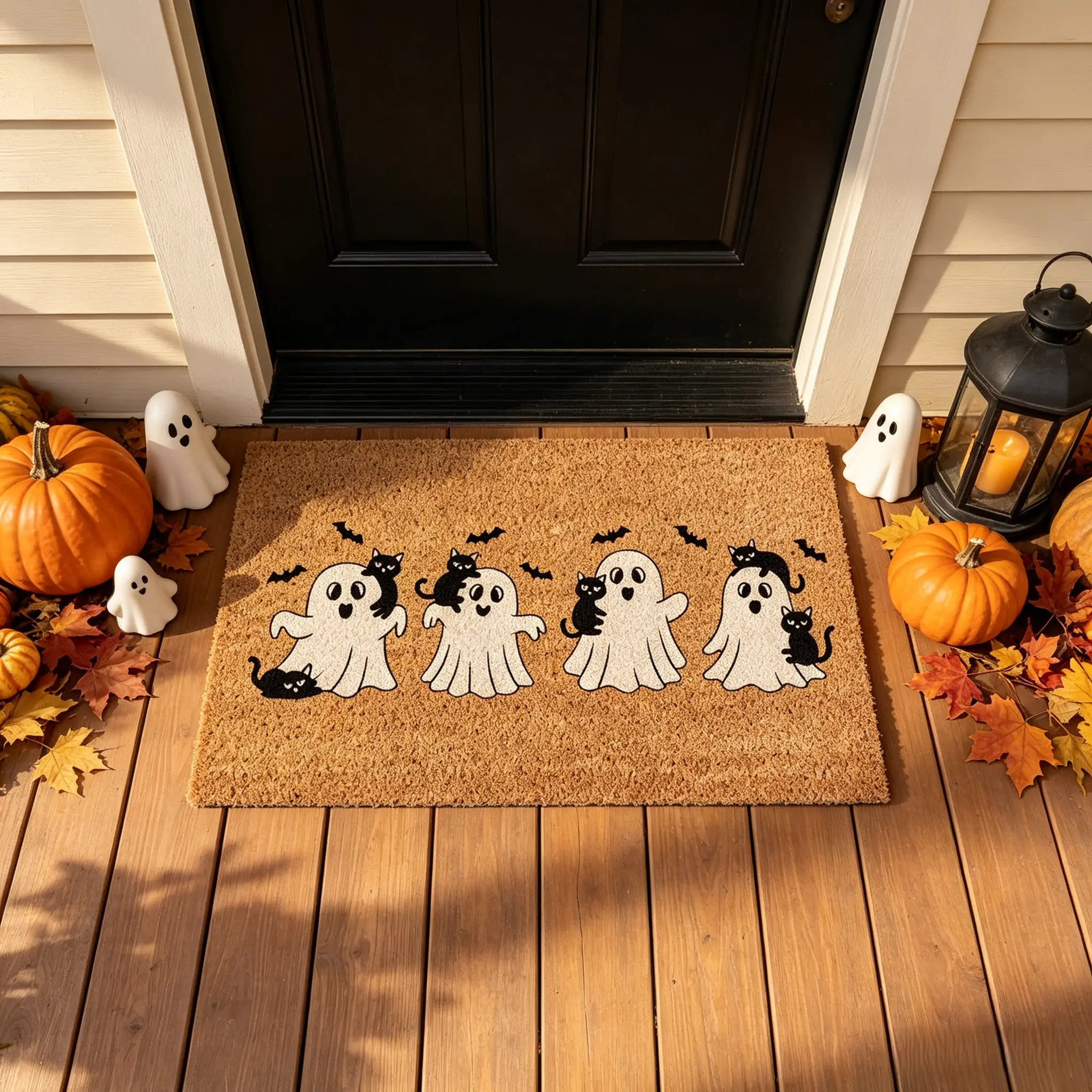 Spooky Cute Ghost Black Cat Doormat Non Slip Halloween Doormat Washable Front Door Rug Entrance Mat Cat Lover Halloween Gift Decor