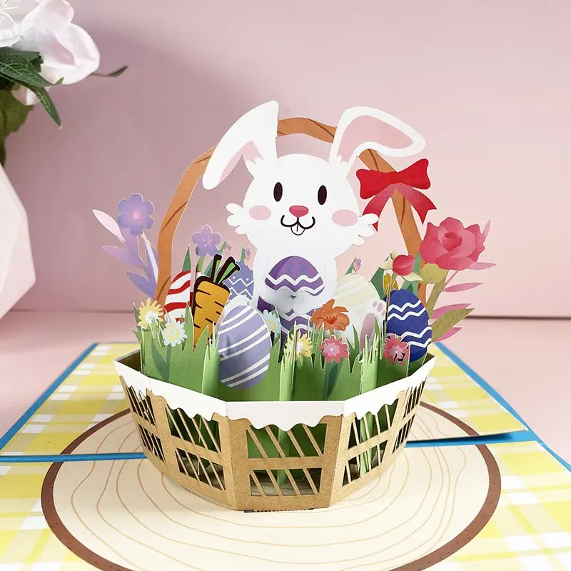 Easter Creative Greeting Card with 3D Rabbit Basket, Unique Pop-Up Design for Celebrating Easter, Perfect Easter Gift Idea, Easter Greeting Cards