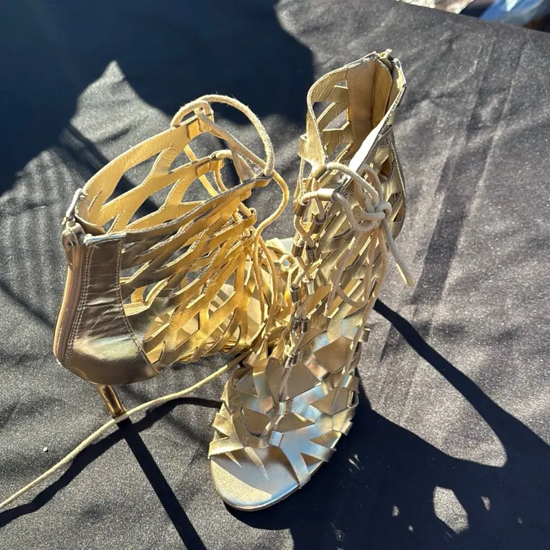 Gold Lace-Up Heels, Size 9, Elegant Design for Walking Shoes, Ideal for Girls