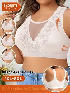 3-Pack Women's Plus Size Bras, Full Coverage Wireless Bra, No Padding Lace, Comfortable Breathable Fashion Underwear, All Seasons Casual Style, Fit