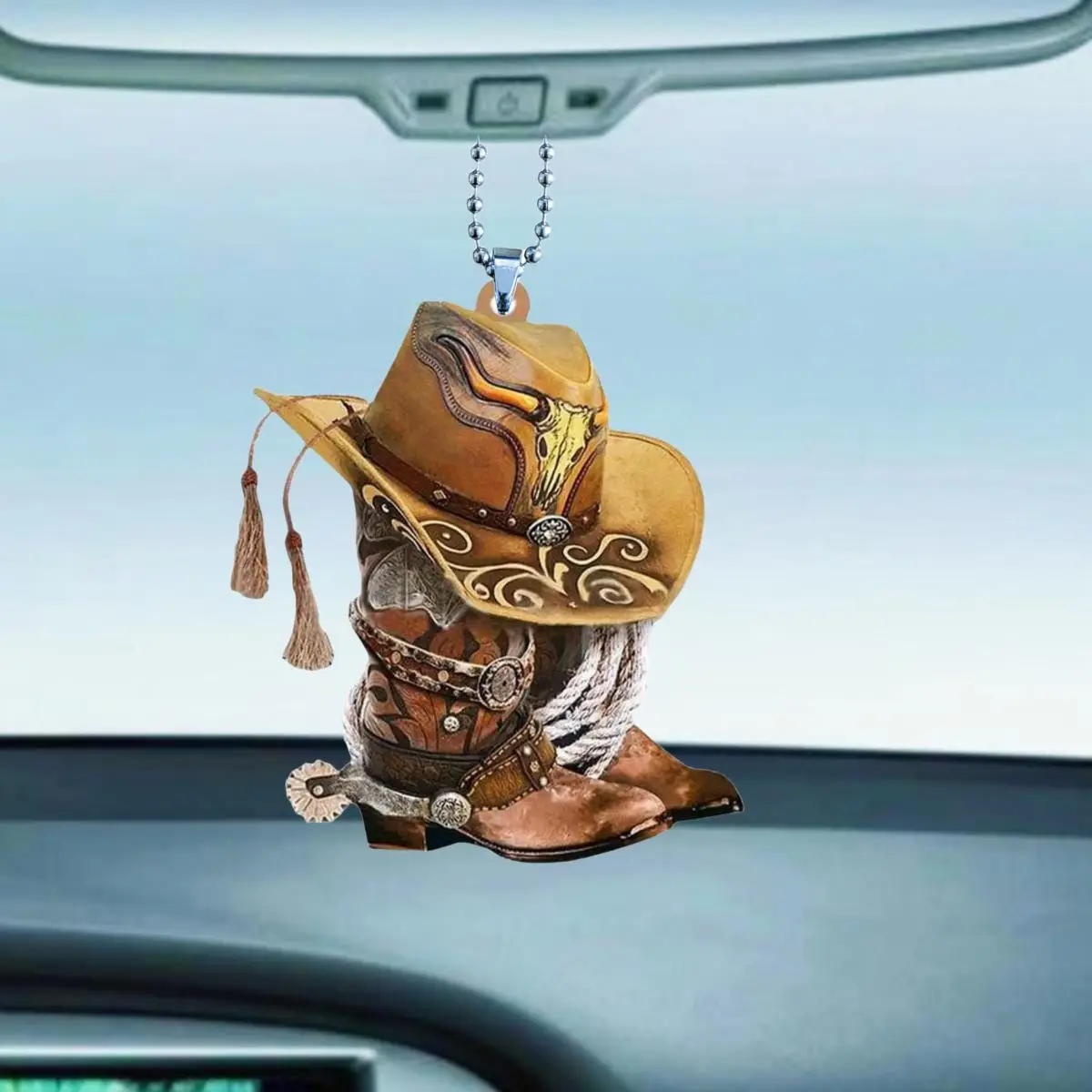 Car Hanging Decoration, Cowboy Boots & Hat Design Car Rearview Mirror Hanging Ornament, Car Interior Decorative Charm Pendant Gift
