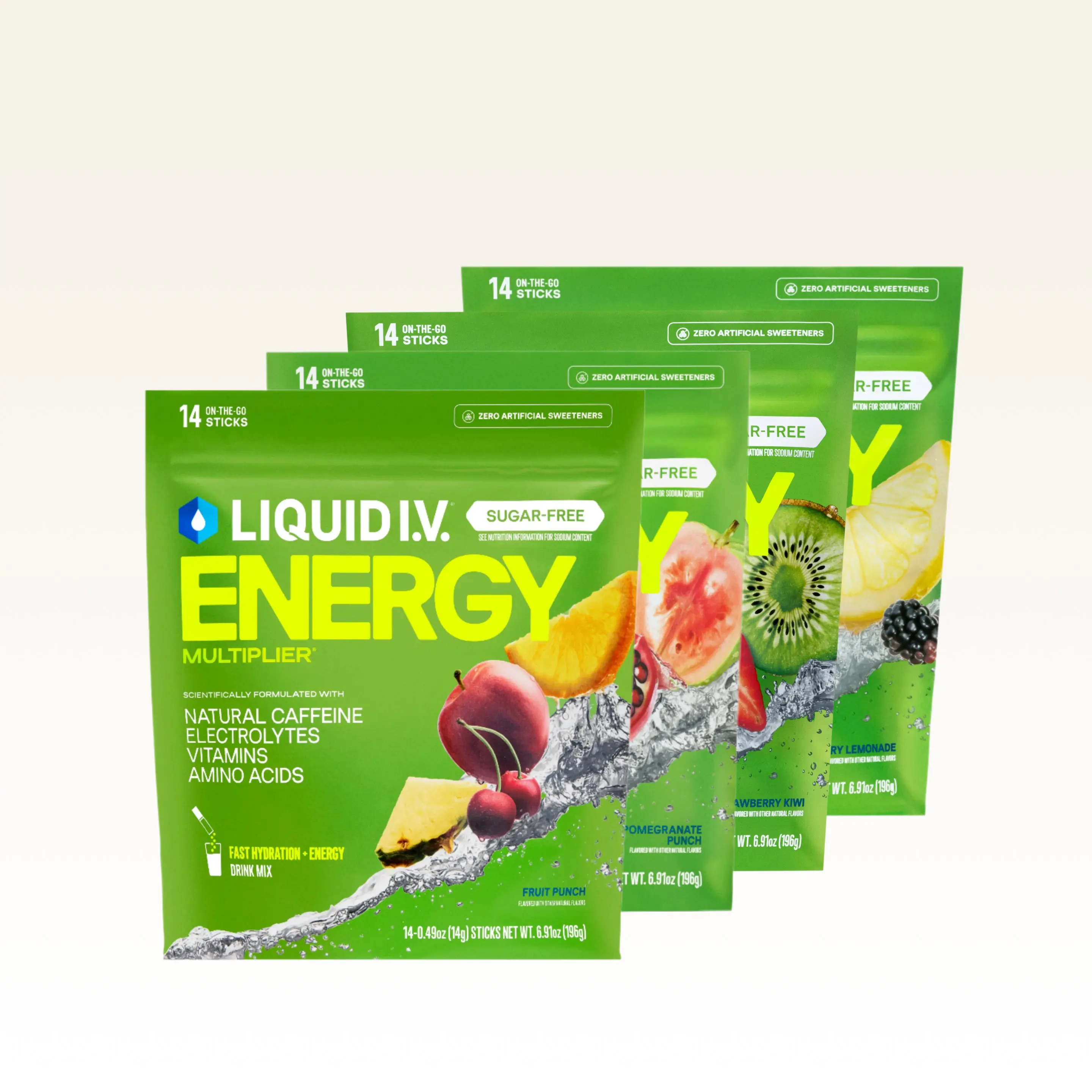 Liquid I.V. Sugar-Free Energy Fruity Bundle - Hydration Powder Packets | Electrolyte Powder Drink Mix | Convenient Single-Serving Sticks | Zero Sugar or Artificial Sweeteners | | Includes Natural Caffeine | 4 Pack (56 Servings)