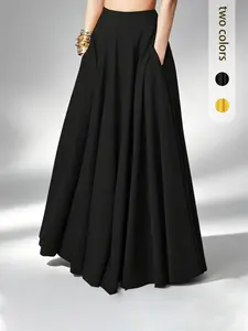 Summer New Elegant Chic Plain Skirt, Casual Style, Versatile Comfort, Long Loose-Fitting Skirt with Pockets, All-Season Fashion, Womenswear