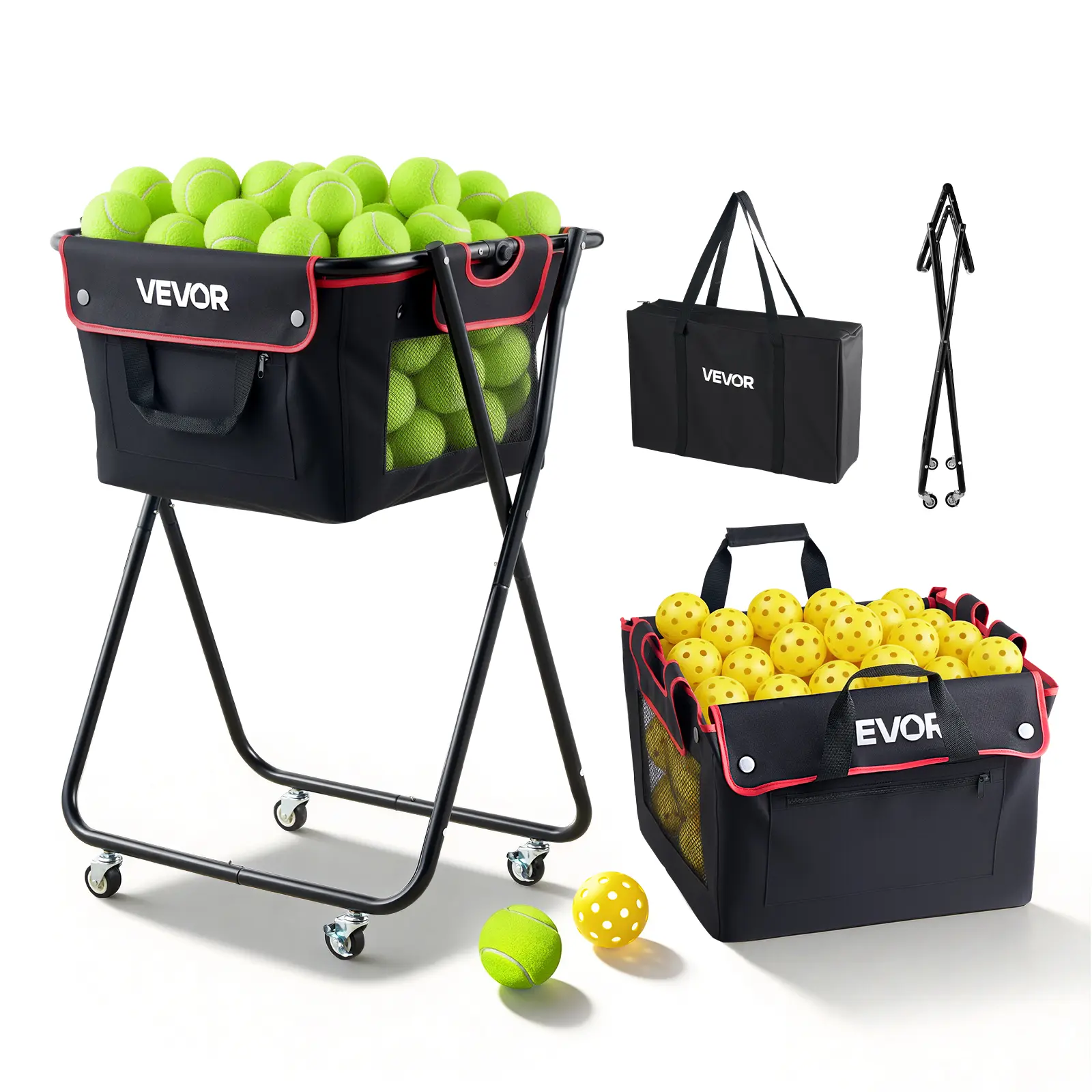VEVOR Tennis Ball Hopper Cart, Foldable Wheeled with Locking Brakes, PVC Mesh Bag (175-Ball Capacity) for Dry Storage, No-Bend Pickup for Coaching Adults, Training Sessions, Fathers Day Gift
