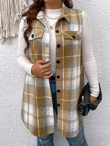 【Plus Size】 Women's Plaid Print Button Front Vest Coat, Casual Sleeveless Fake Pocket Decor Collared Outerwear for Fall & Winter, Women's Clothes for Daily Wear