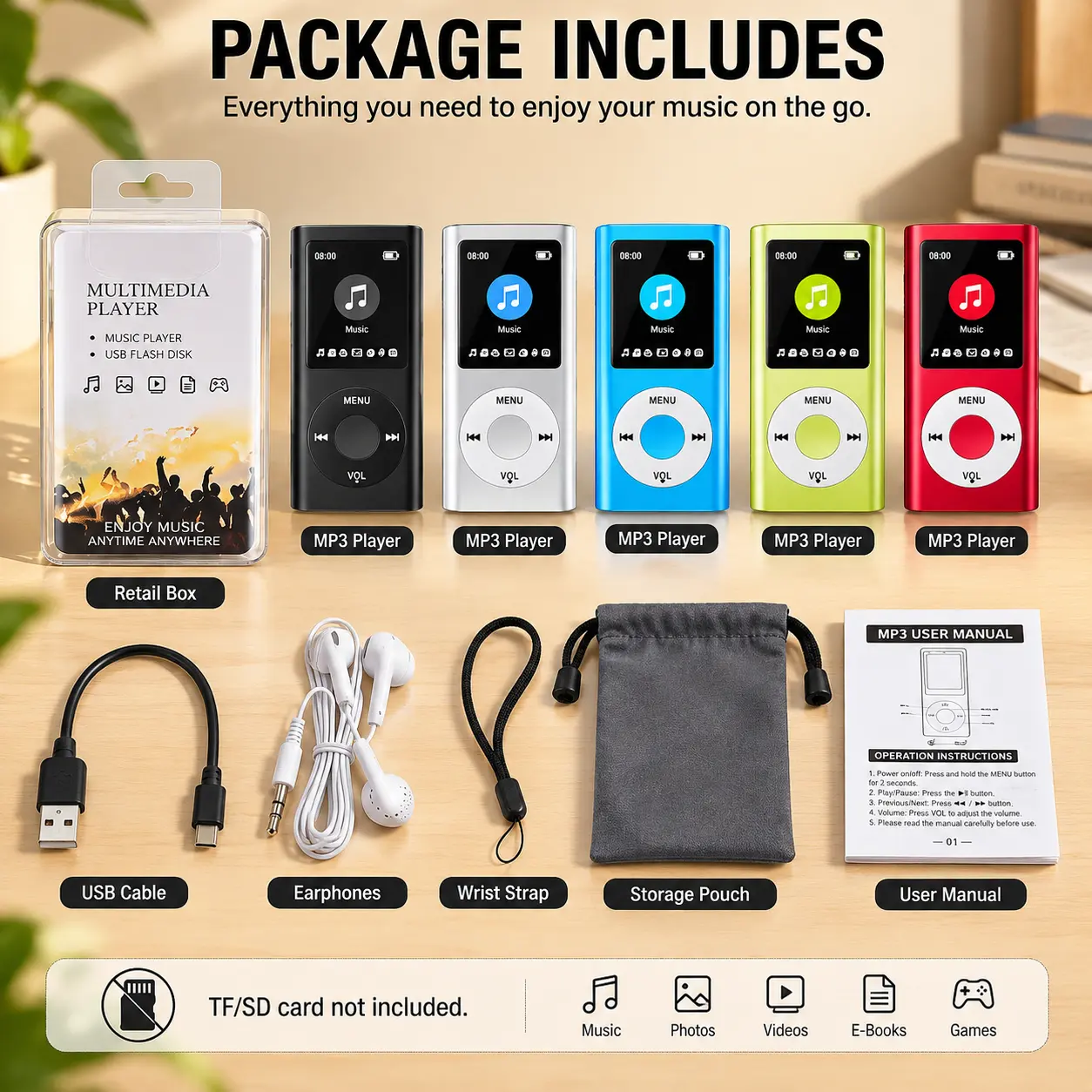 Portable Digital Car Audio MP3 Player - Programmable LED Screen, Wired Earphones, 64GB TF Card Support, Button Control, Compact Pocket-Size Design, Travel/Workout Music Playback (2 Included Accessories)