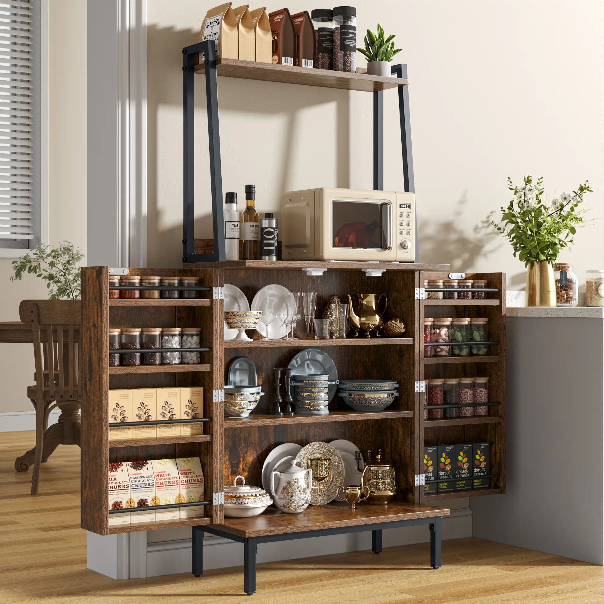 51” Pantry Cabinets with Microwave Shelves, Small Kitchen Pantry Storage Cabinet with Adjustable Shelves, Freestanding Buffet Cupboards Sideboard for Kitchen, Dining Room, Living Room Use