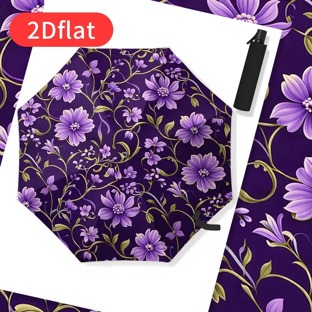 This folding umbrella features a design of large purple flowers accompanied by green stems and leaves.