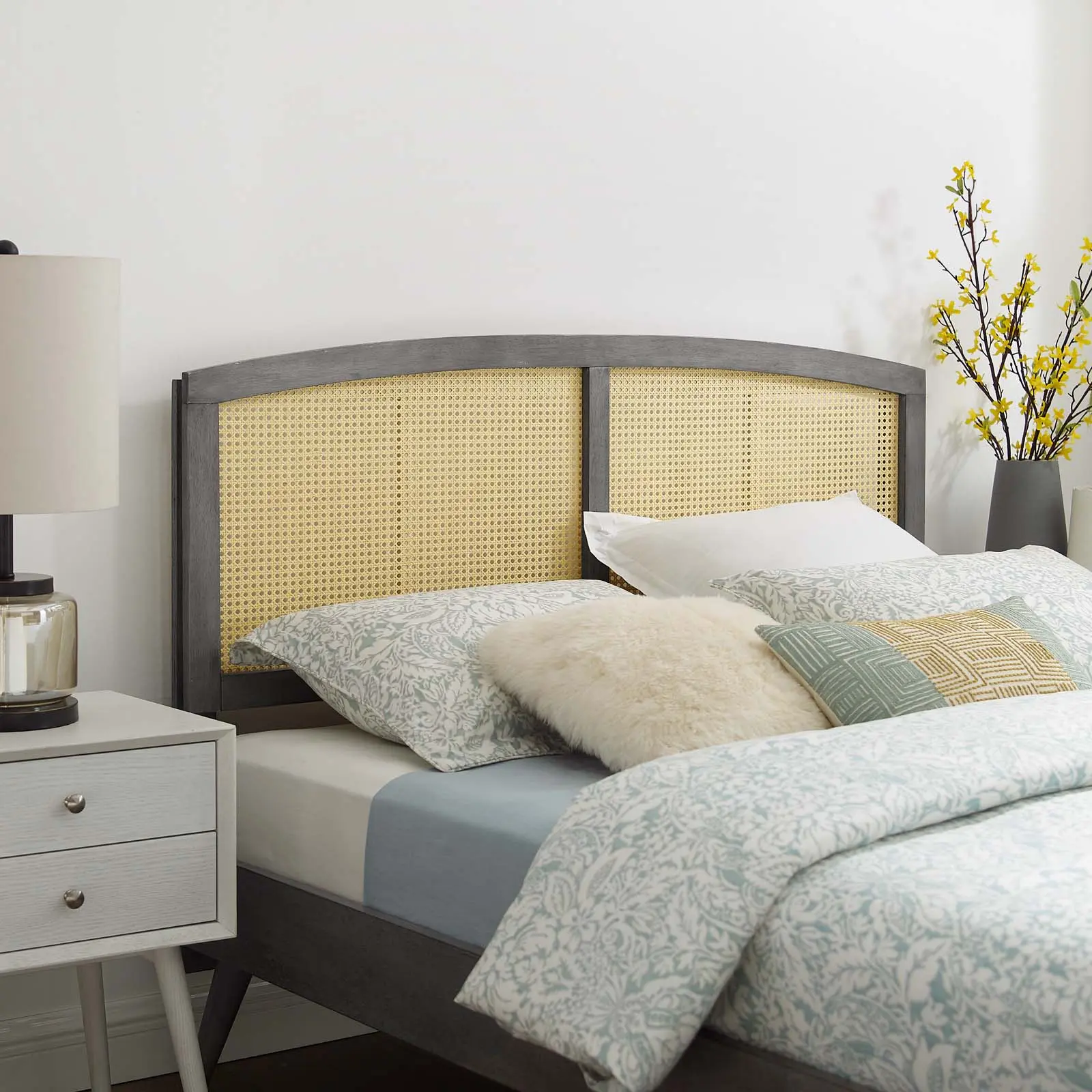 Modway Halcyon Cane Queen Headboard, Gray - Customizable Bedroom Furniture, Interchangeable Bed Frames Component, Organic Aesthetic, Solid Rubberwood, Tropical Style Indoor Headboard