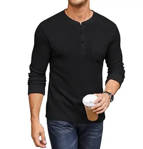 COOFANDY Men's Henry Shirt Long Sleeve Basic Waldorf Knitted Sweater, Pocket Knitted Basic Knitted Sweater, Men's Top Underwear Undercover, Front 4/1 Button Long Sleeve with Pocket Knitted Pullover
