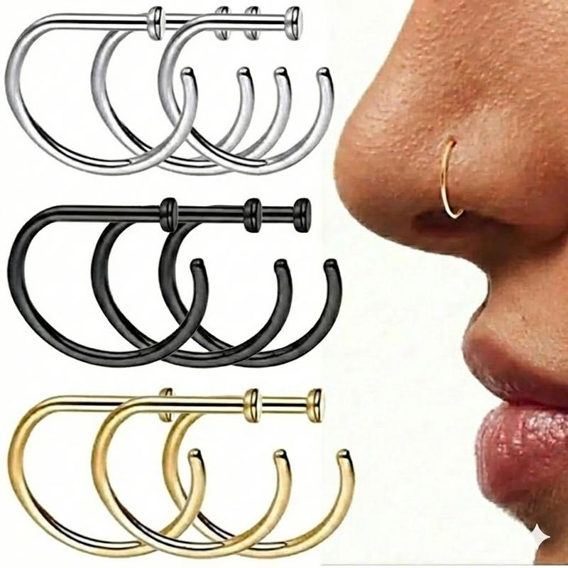 9pcs Women And men Fake Piercing Nose Ring Gold Stainless Steel D-Type Simple American Style Personalized Letters Hip-Hop Street Style Non Perforated Accessories Fake Nose Studs