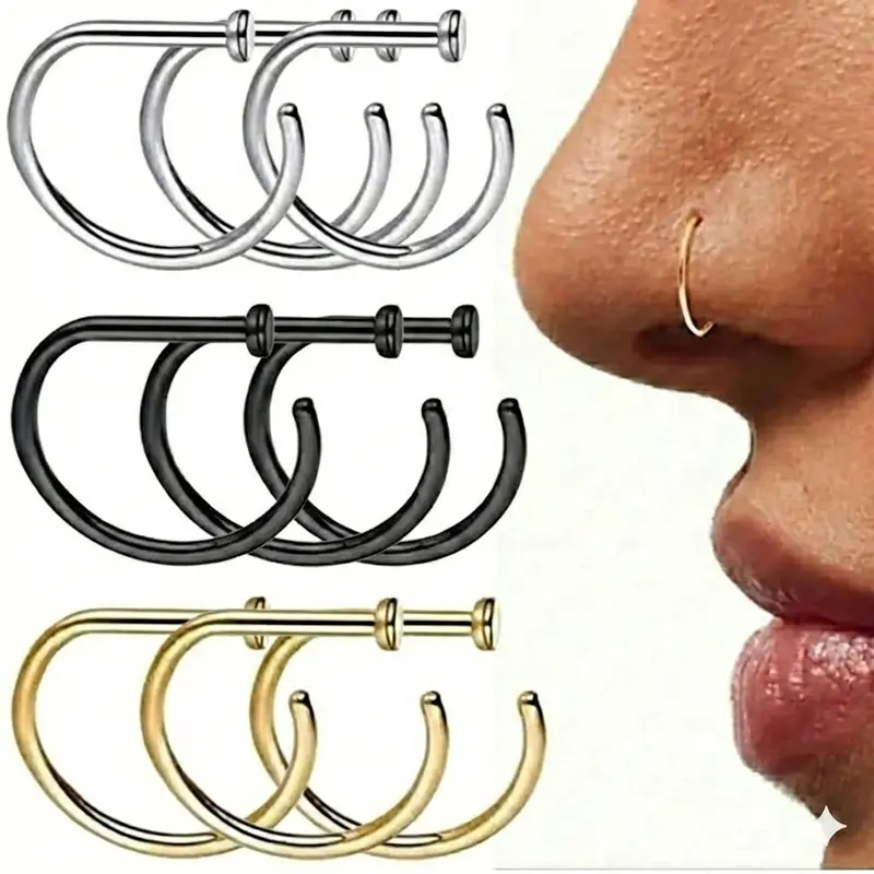 9pcs Women And men Fake Piercing Nose Ring Gold Stainless Steel D-Type Simple American Style Personalized Letters Hip-Hop Street Style Non Perforated Accessories Fake Nose Studs