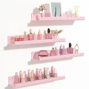 Pink Floating Shelves for Wall, Acrylic Wall Shelves for Decor Storage Set of 4, Wall Mounted Wood Shelf for Bedroom, Living Room, Bathroom, Kitchen, Picture Ledge Shelf
