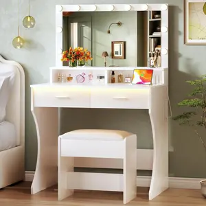 [ChristmasGifts] Vanity Desk with Mirror and Lights, Small Makeup Vanity with Chair and RGB Lights, White Vanity Table Set with 2 Drawers & Power Outlets, Open Shelves, 3 Color Modes Adjustable, White