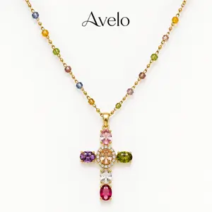 Colorful Crystal Cross Necklace for Women, Gold Plated Rainbow Gemstone Pendant Necklace, Dainty Beaded Chain Faith Jewelry Gift for Her
