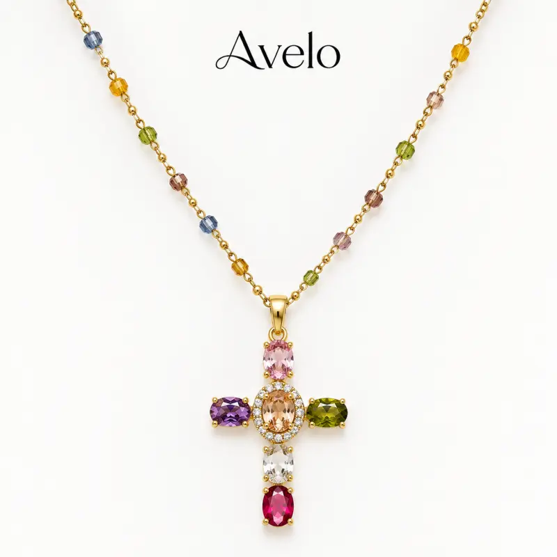 Women's Gold-Toned Cross Necklace, Colored Crystals Cross Motif Pendant with Rainbow Gem Decoration, Dainty Beaded Chain Crystal Stones Faith Jewelry Gift, Colored Crystals Necklaces, Cross Motif Necklaces