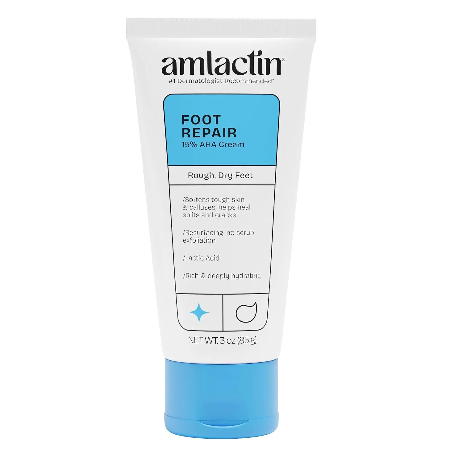 AmLactin Foot Repair Cream, 15% Lactic Acid, 3 oz - Exfoliates Calluses, Softens Rough Feet, Moisturizes Dry Cracked Heels Without Scrubbing