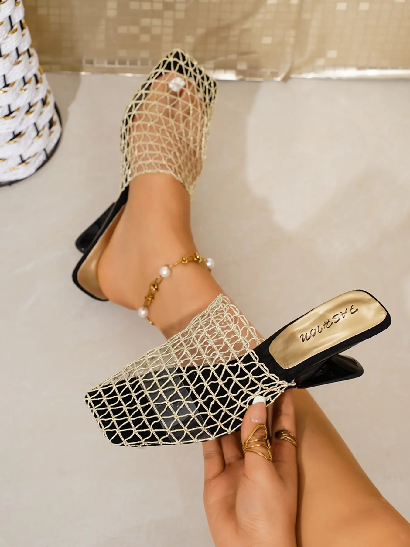 Mesh Rhinestone High Heel Mules, Mesh Upper, Breathable Sparkling Design, Slip-On Comfort, Perfect for Work and Dates, Elegant and Stylish, Footwear, Women