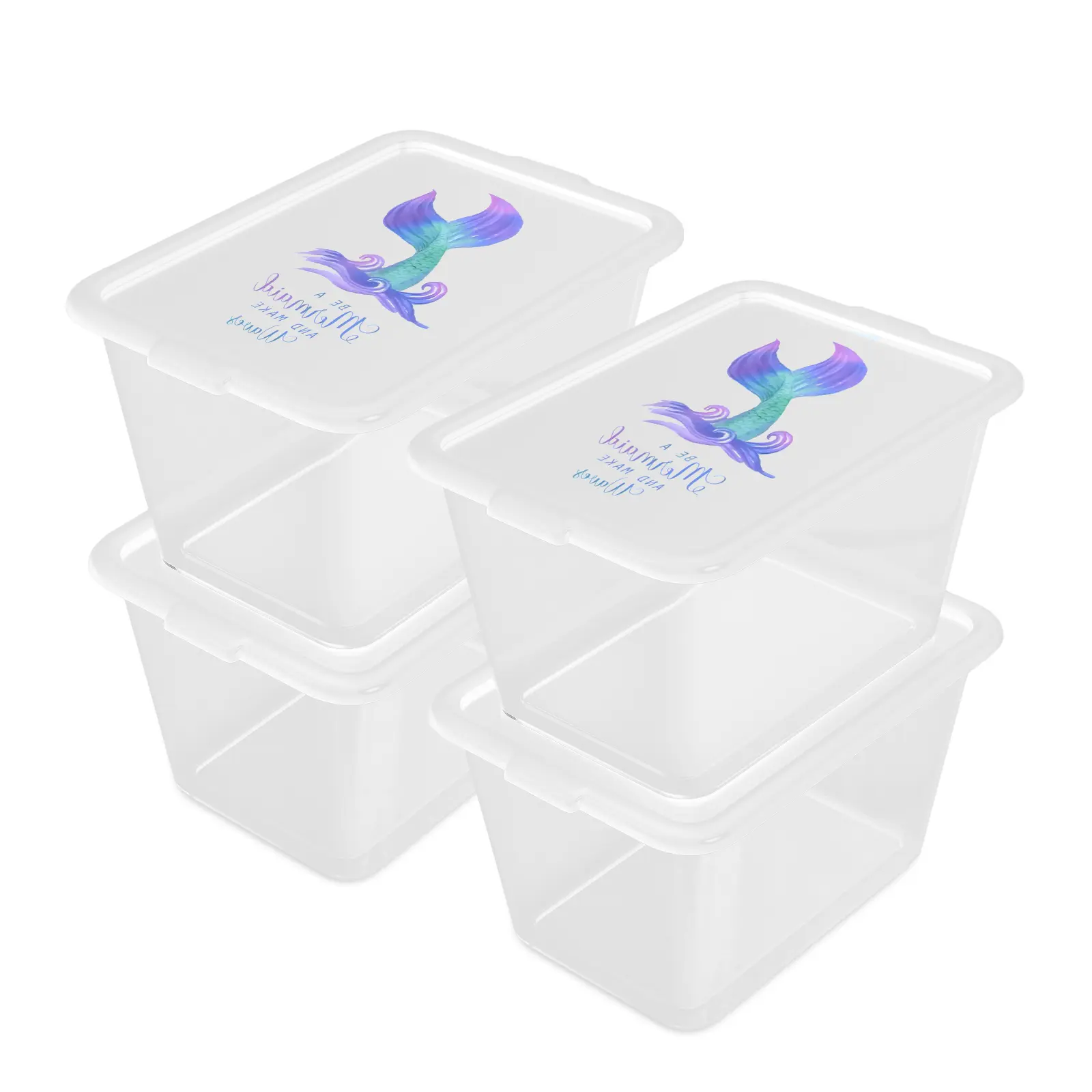 SimplyKleen 4-Pack 68L Clear Plastic Storage Bins with Lids, Stackable Heavy Duty Storage Containers with Mermaid Pattern for Clothes, Toys, Books, Closet & Garage Storage