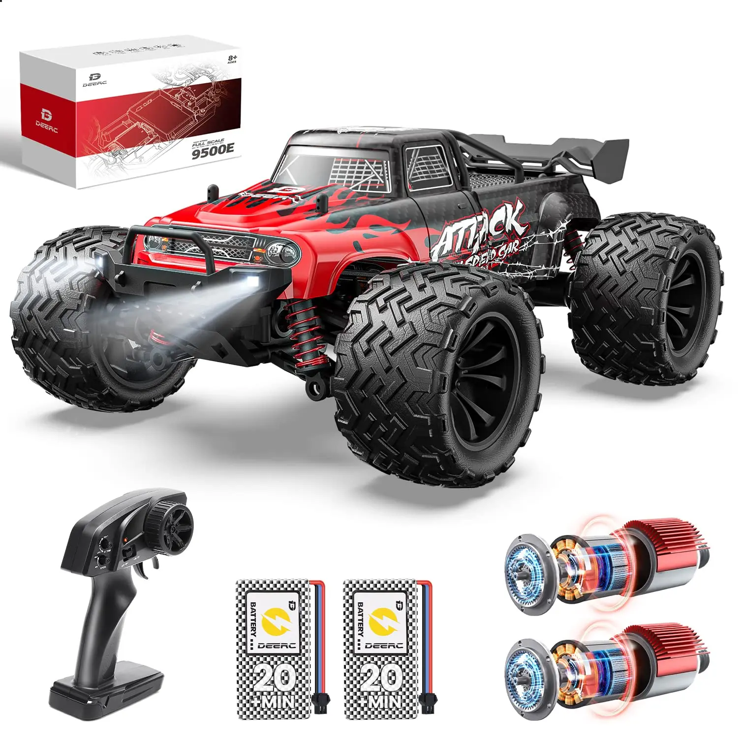 DEERC 9500E 1:16 Scale All Terrain RC Car, 4x4 High Speed 40 KPH, 2.4GHz Remote Control, 2 Batteries, Durable Off-Road Monster Truck for Adults & Kids