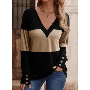Women's Color Block V-Neck Long Sleeve T-Shirt Trendy Button Cuffs Knitwear Tunic Tops Casual Fit Fashion Fall Winter Clothing for Everyday Wear