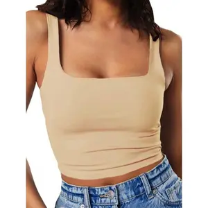 Women's Basic Sexy Square Neck Double Lined Seamless Sleeveless Cropped Tank Yoga Crop Casual Tops Fit Womenswear
