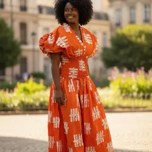 Orange and White Maxi Smokey Dress with Abstract Batik Print Plunging V-Neckline Free Size 4-12 Casual Womenswear Summer
