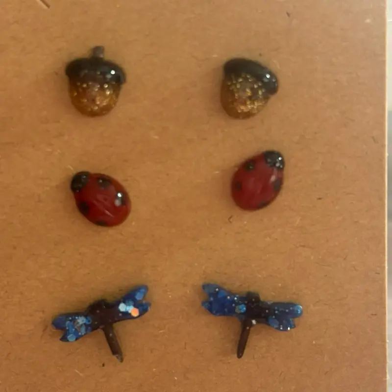 Mini Stud Earrings - Acorn, Ladybug, and Dragonfly Designs in Glittery Finish
