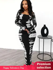 Women's All Over Print Square Neck Bodycon Dress, Slim Fit Lady Casual Wear, Comfort Womenswear, Elegant Longsleeves Ribbed Long Dress for Daily Wear, Chic Ladies Clothes for All Seasons, Bodycon Stretch Dresses, Knitted