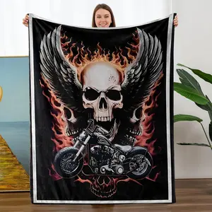 Skull Motorcycle Flannel Blanket, Digital Print Soft Comfortable Multi-Functional Reversible Modern Throw for Sofa Bed Office Camping Travel
