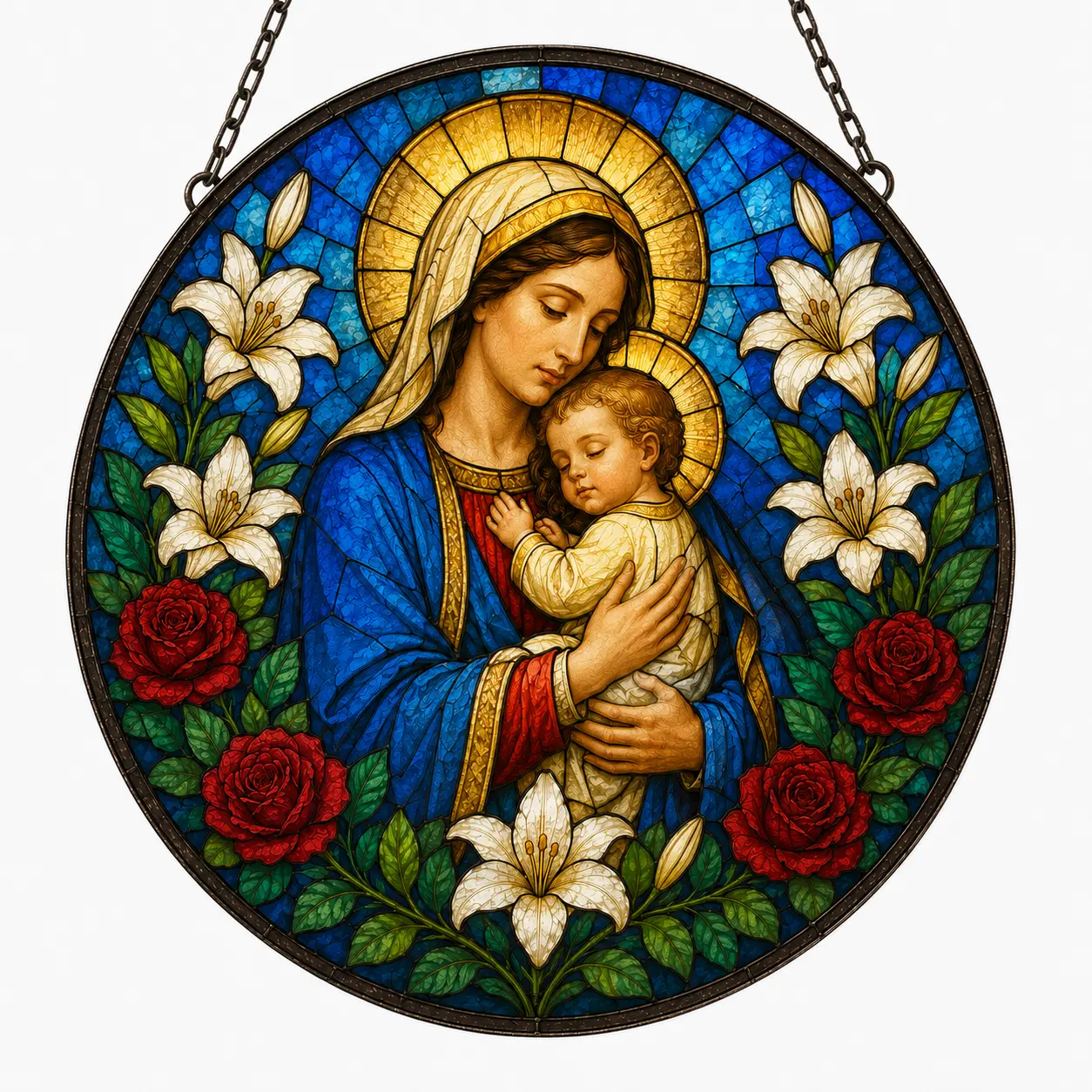 Madonna and Child Faux Stained Glass Suncatcher, Virgin Mary and Baby Jesus Decor, Catholic Gift for Mom, Christian Window Hanging