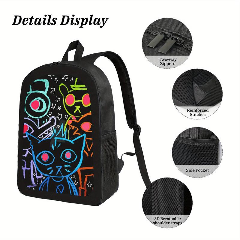 Night in the Woods Backpack - Large Capacity School Bag with Adjustable Shoulder Straps, Lightweight Backpack for Teens, College, Travel - Cute Night in the Woods Characters (Black with Neon Colors) - Durable Zipper Closure Backpack for Boys & Girls, Back