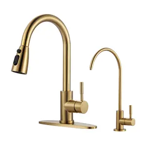 WOWOW Kitchen Faucet and Water Filter Faucet Combo, Stainless Steel Kitchen Sink Faucet with Drinking Water Faucet for Reverse Osmosis or Water Filtration System, Brushed Gold