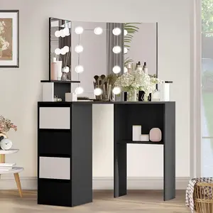 Corner Vanity Desk with Lighted Mirror,42 inch Makeup Vanity Table with Lights,4 Drawer Makeup Dressing Table with 3-Fold Mirror,3 Lighting Colors,BlackHome smart dressing table