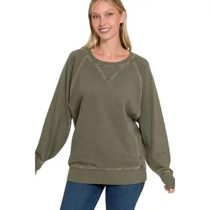 Zenana Pigment Dyed French Terry Pullover with Pockets - Olive