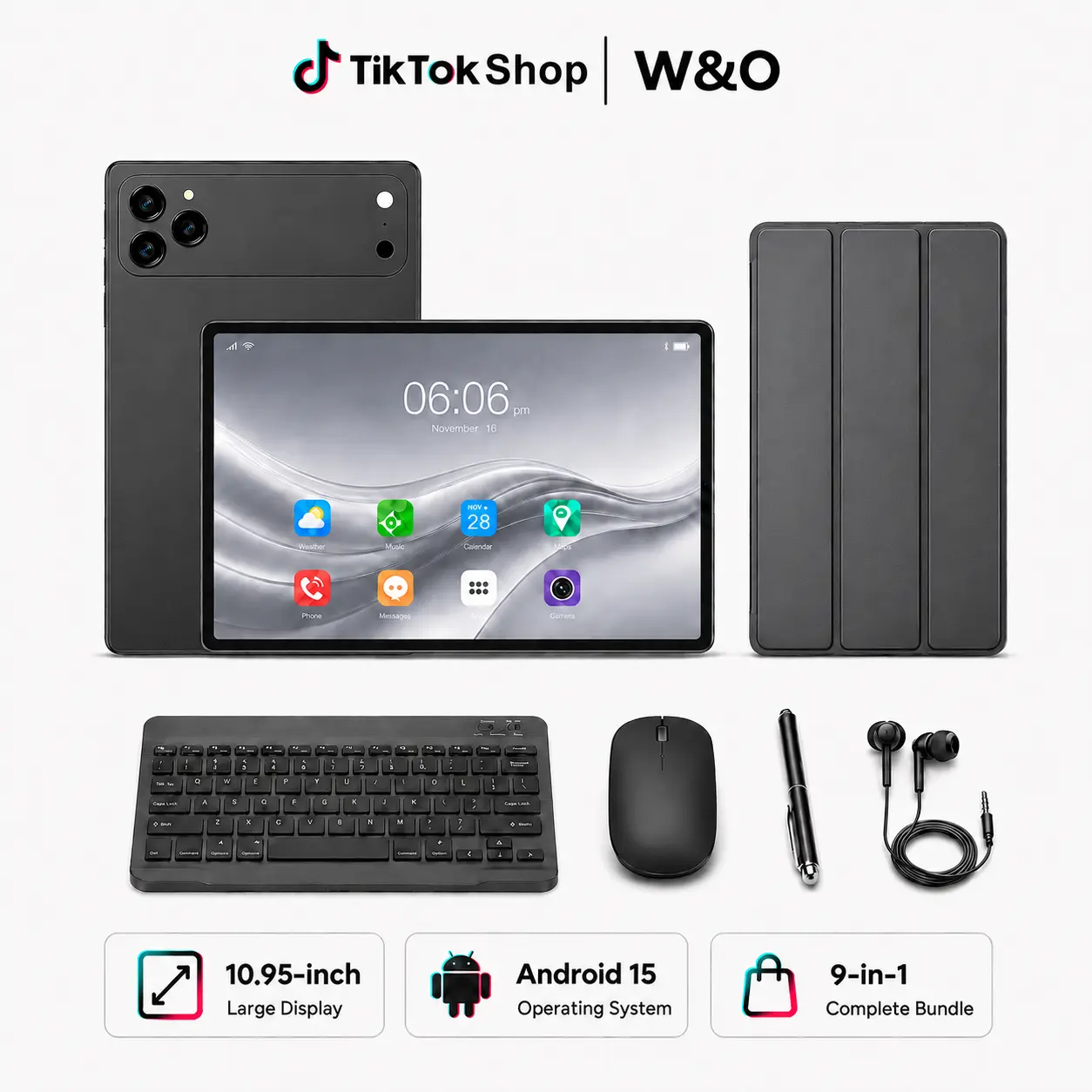 【TikTokShopBackToSchool】W&O 2026 Android 15, 11-inch Tablet, 12GB RAM + 256GB Expandable Storage, Long Lasting Battery, Large HD Screen, 10000mAh Battery, 5G WiFi, Portable Device with Keyboard, Mouse, Case, Stylus, Dual Camera, Work, Valentine’s Day Gift