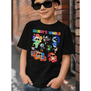 Young Boy's Dandy's World Funny MEME Graphic Cotton T-Shirt For Young Boys, Black 100% Cotton T-shirts With Dandy's World Theme, Stranger Style Up Side Down Things/67 MEME Shirt, Funny MEME 67 Tween Boy T-shirt, Mike, Lucas, Eleven, Dustin, Demodogs, Hawk