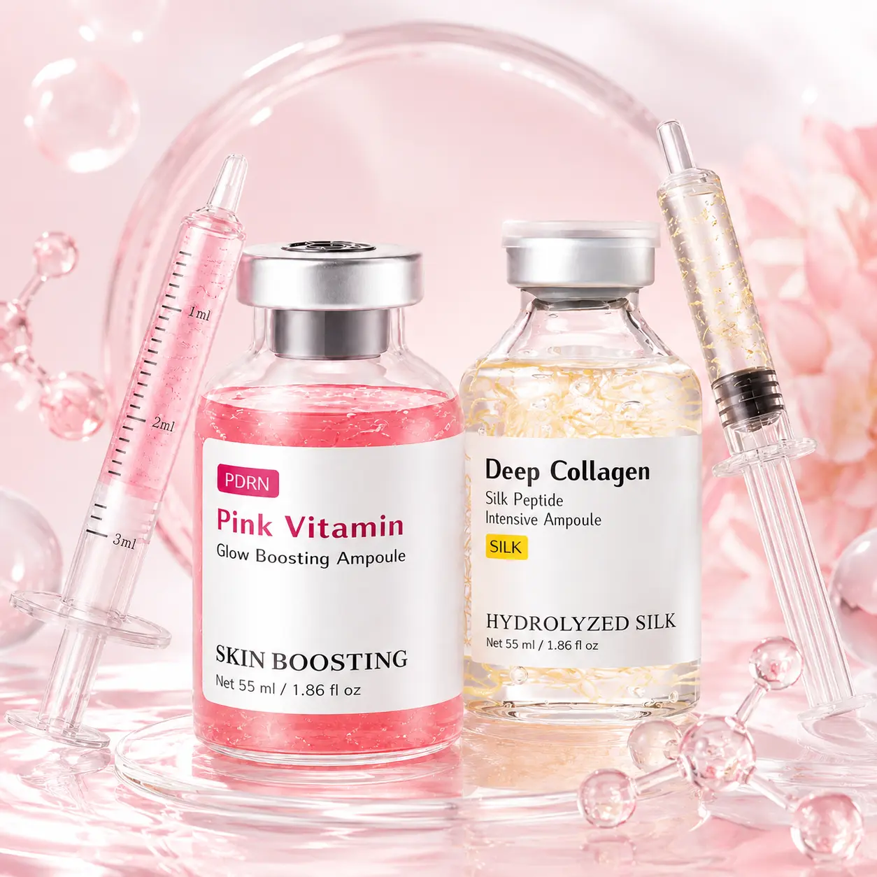 PDRN Pink Vitamin Brightening Ampoule & Deep Collagen Peptide Intensive Ampoule 55 mL | Hydrating facial serum set that enhances skin radiance, improves skin texture and feel, supports elasticity, and creates smooth skin—ideal for everyday skincare.