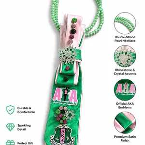 Handmade AKA Inspired Tie Necklace | Pink & Green Pearl Statement Necklace | Sorority Fashion Accessory | Rhinestone Satin Necktie Jewelry for Women