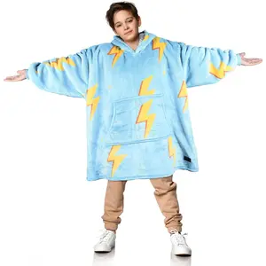 Thunder Lightning Kids Wearable Blanket Hoodie - Cozy Warm Sherpa Fleece Sweatshirt Pullover with Larger Pocket for Teens, Girls, Boys