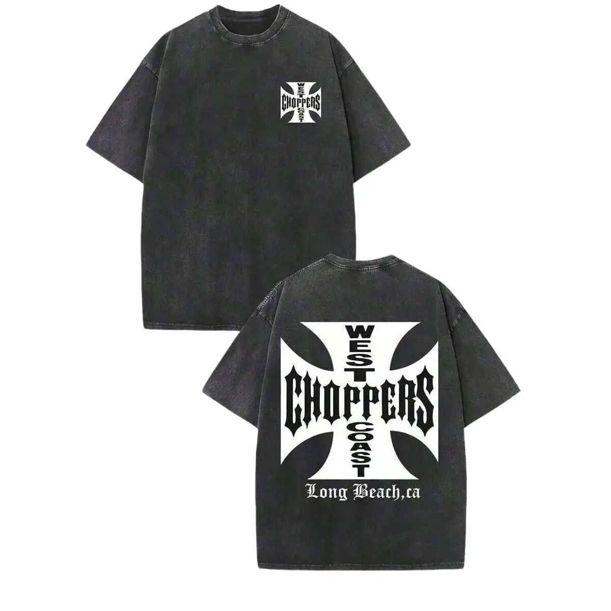 Double Side West Coast Choppers Long Beach Iron Cross Logo Washed Black Crew Neck Short Sleeve Unisex Top, Casual Daily Outfit T-Shirt For Chopper Bike Fans Men And Women