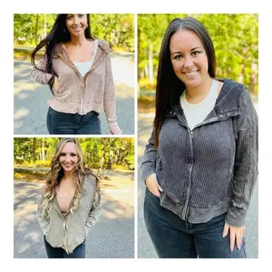 "Time of Your Life" Acid Wash Waffle Knit Zippered Hoodie (Multiple Colors)