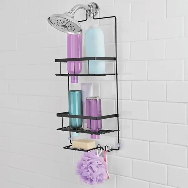 Hanging Shower Caddy with 2 Shelves, No-Drill Over Showerhead Organizer with Soap Tray and Hooks, Rust-Resistant Matte Black Metal Shower Rack for Tall and Inverted Bottles, Bathroom Storage